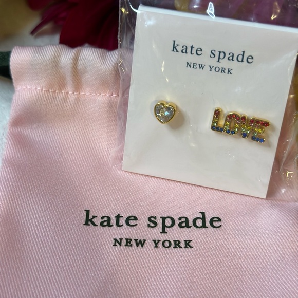 New Kate Spade 🌈 Rainbow “Love” & Heart ❤️ Mismatched  Stud Earrings w/Dust Bag - Picture 8 of 8